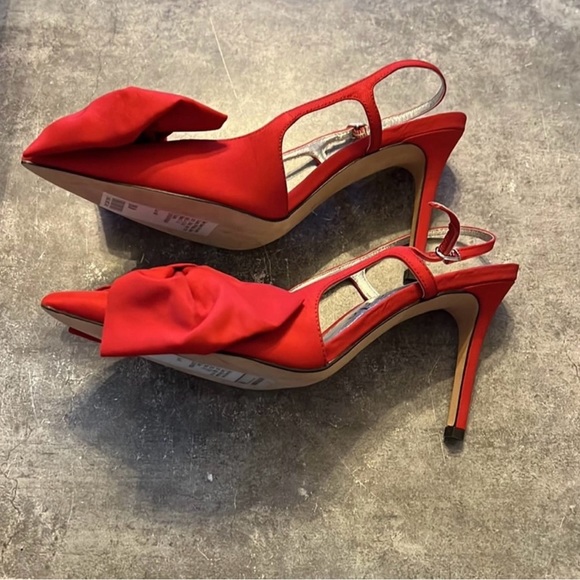 Kate Spade Sheela Sling Pointed Toe Stiletto Heel Red Taffeta Bow NEW Size 6 - Picture 2 of 4